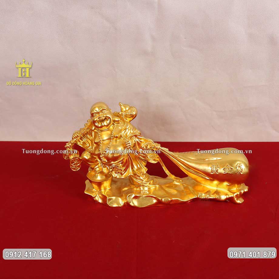 Tượng Đồng Phật Di Lặc Kéo Bao Tiền Dát Vàng 9999